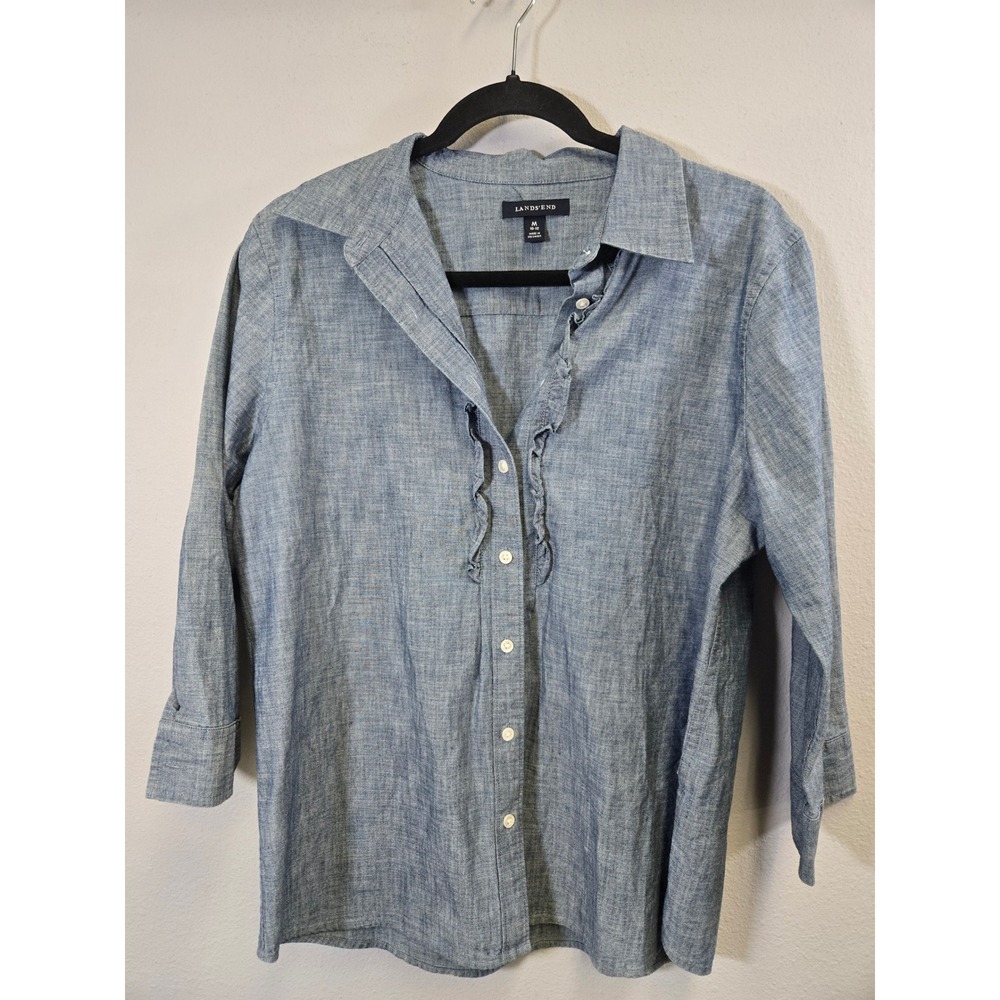Lands' End Blue Chambray Ruffle Front 3/4 Sleeve Button Down Shirt M 10-12